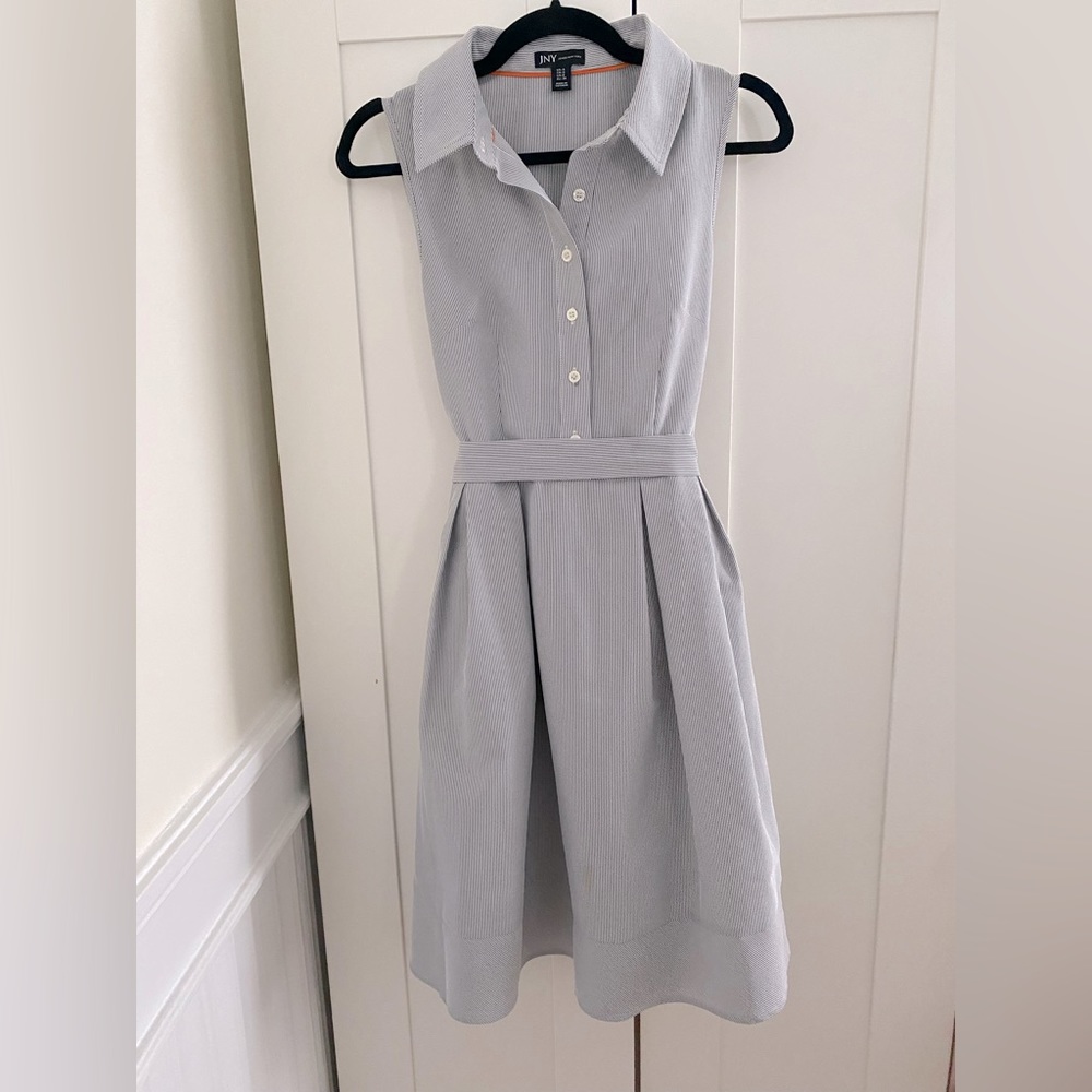 Jones New York Size 4 Blue & White Striped Collared Sleeveless Button Down Dress